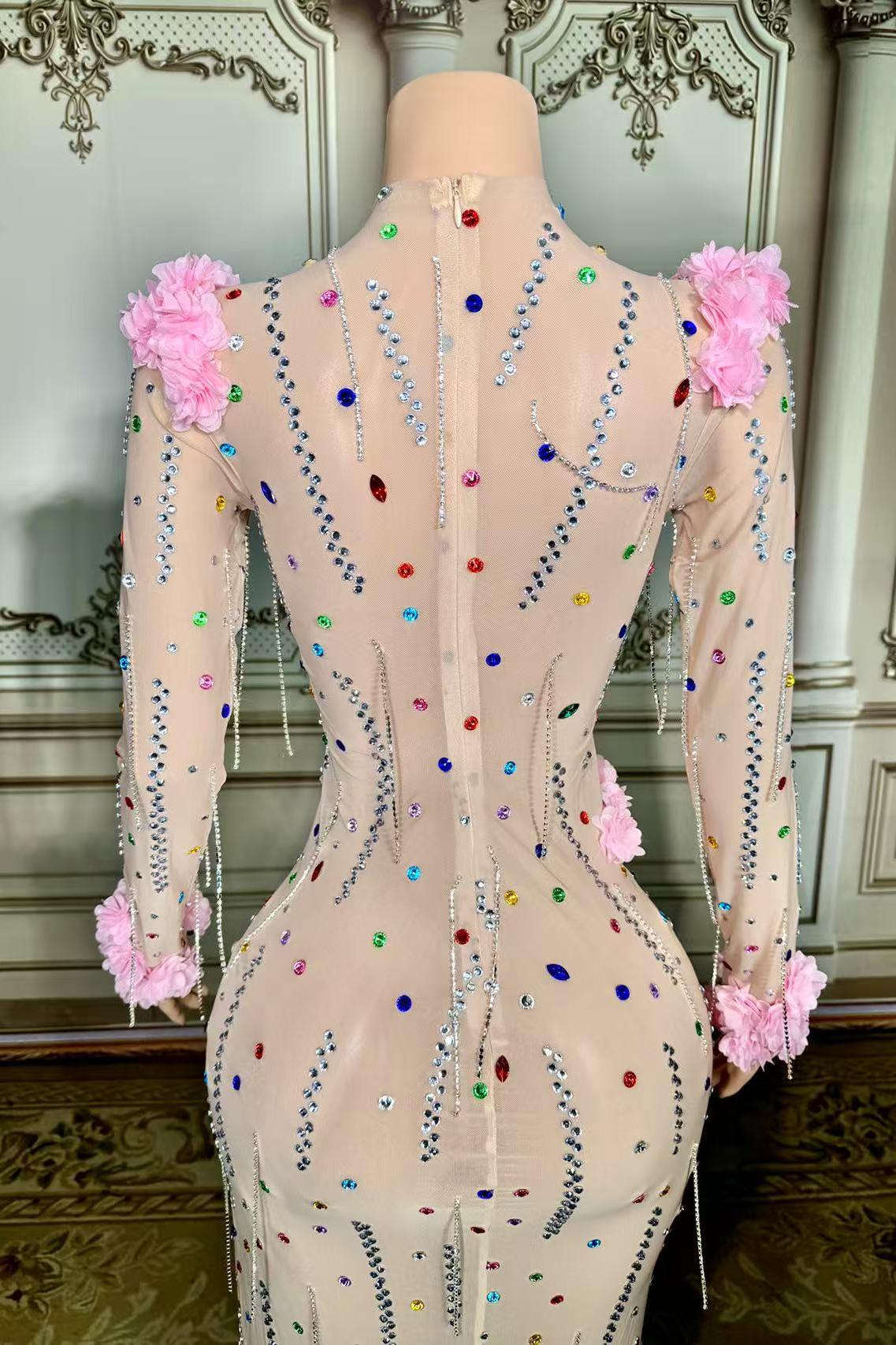 Long Sleeve Tulle Slit Prom Dress with Flower and Rhinestones-babyonlines 