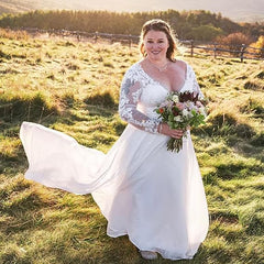 Long Sleeve V-neck Lace Up Back Chiffon Lace Wedding Dress