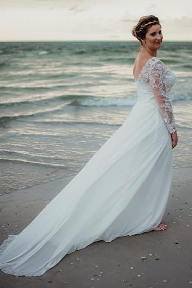 Long Sleeve V-neck Lace Up Back Chiffon Lace Wedding Dress