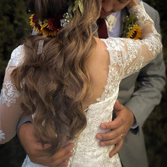 Long Sleeve V-neck Lace Up Back Chiffon Lace Wedding Dress