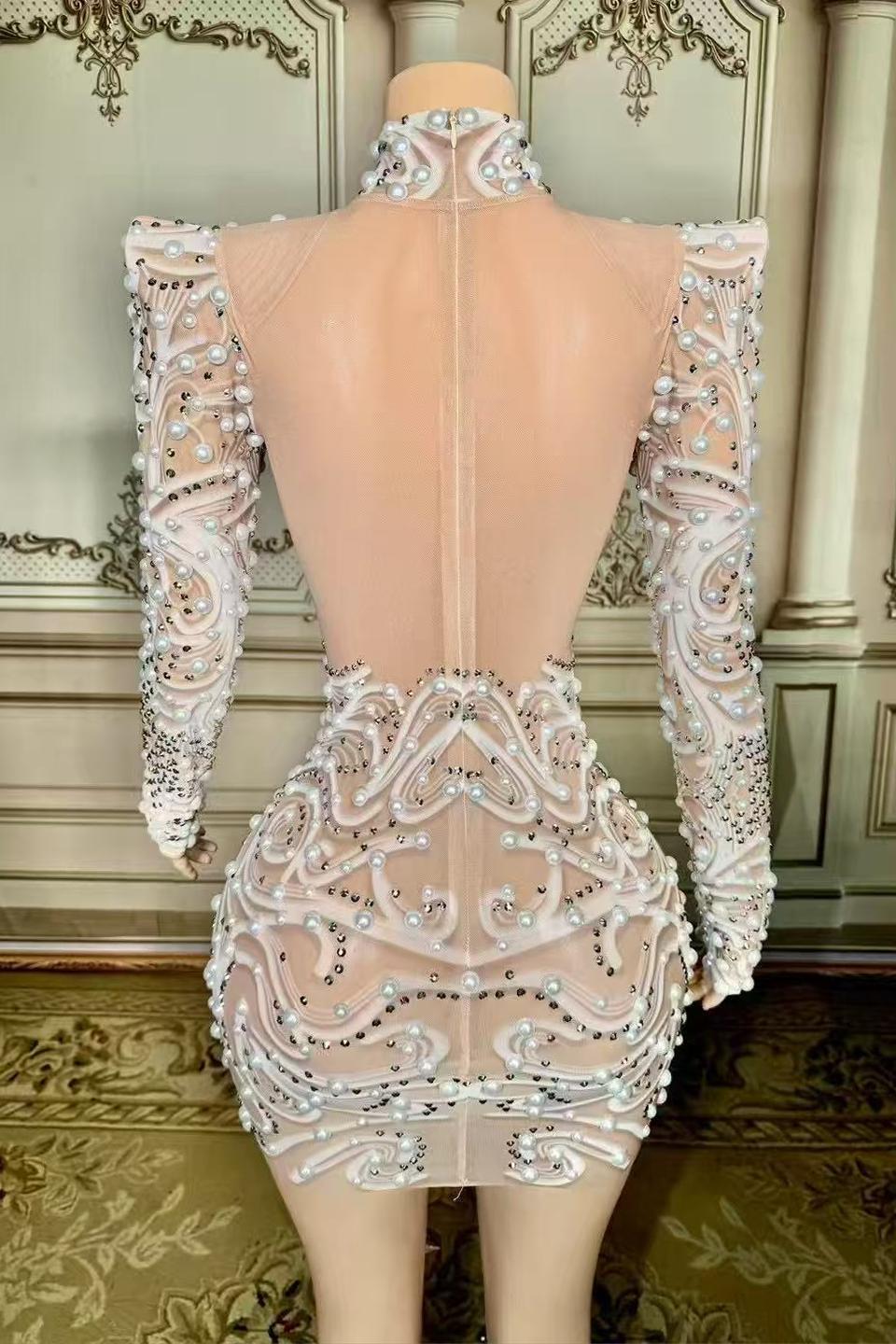 Mini Lace Long Sleeve Sexy Prom Dress with Pearl and Diamond - babyonlines 