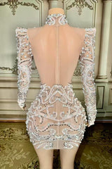 Mini Lace Long Sleeve Sexy Prom Dress with Pearl and Diamond - babyonlines 
