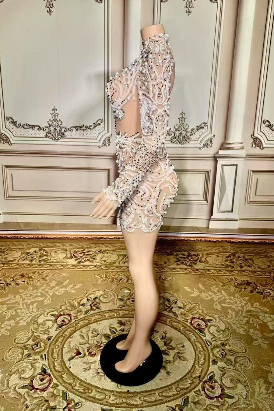 Mini Lace Long Sleeve Sexy Prom Dress with Pearl and Diamond - babyonlines 
