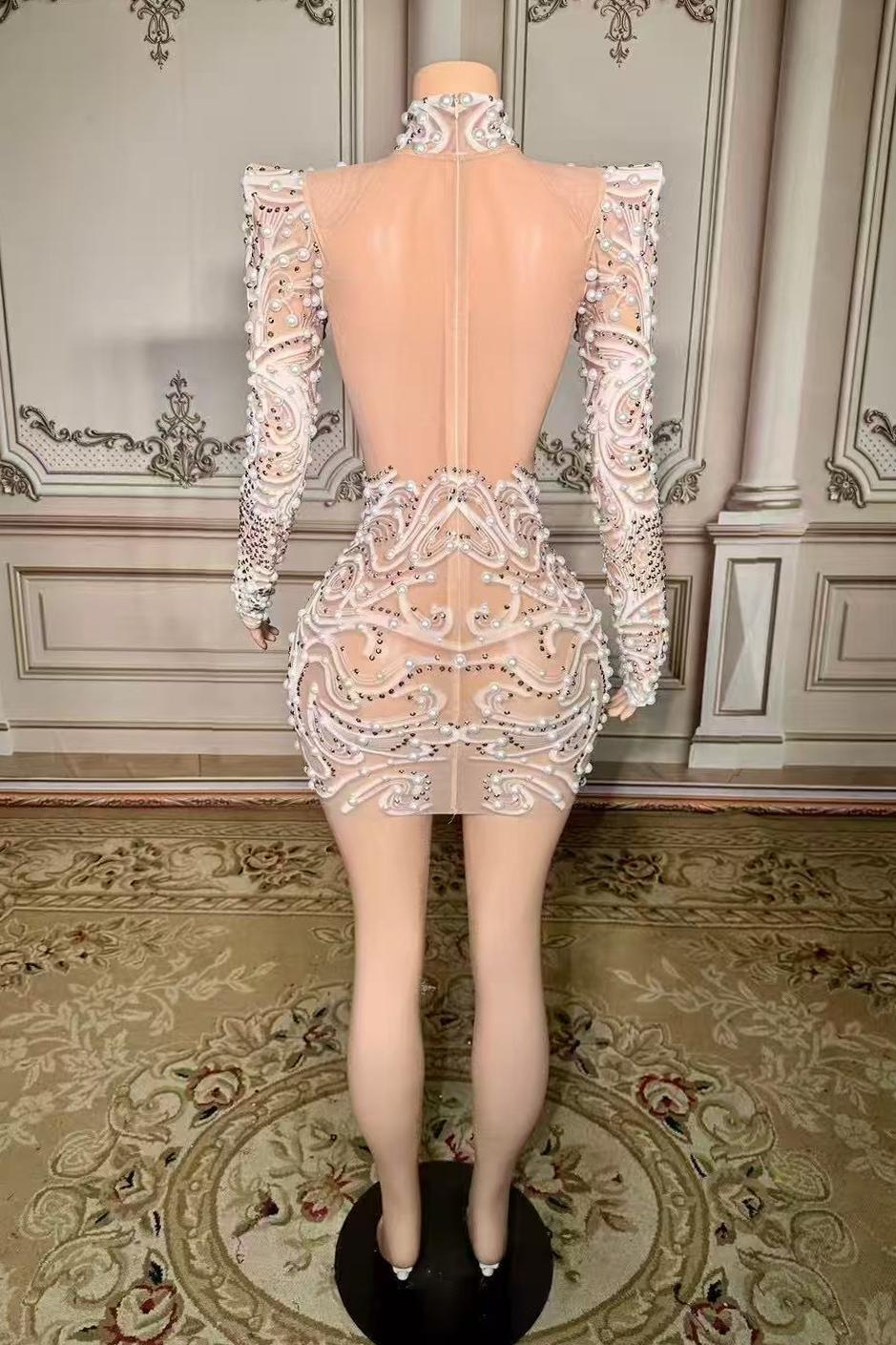 Mini Lace Long Sleeve Sexy Prom Dress with Pearl and Diamond - babyonlines 