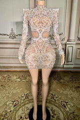 Mini Lace Long Sleeve Sexy Prom Dress with Pearl and Diamond - babyonlines 