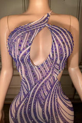 Mini One-Shoulder Purple Zipper Diamond Prom Dress -babyonlines 