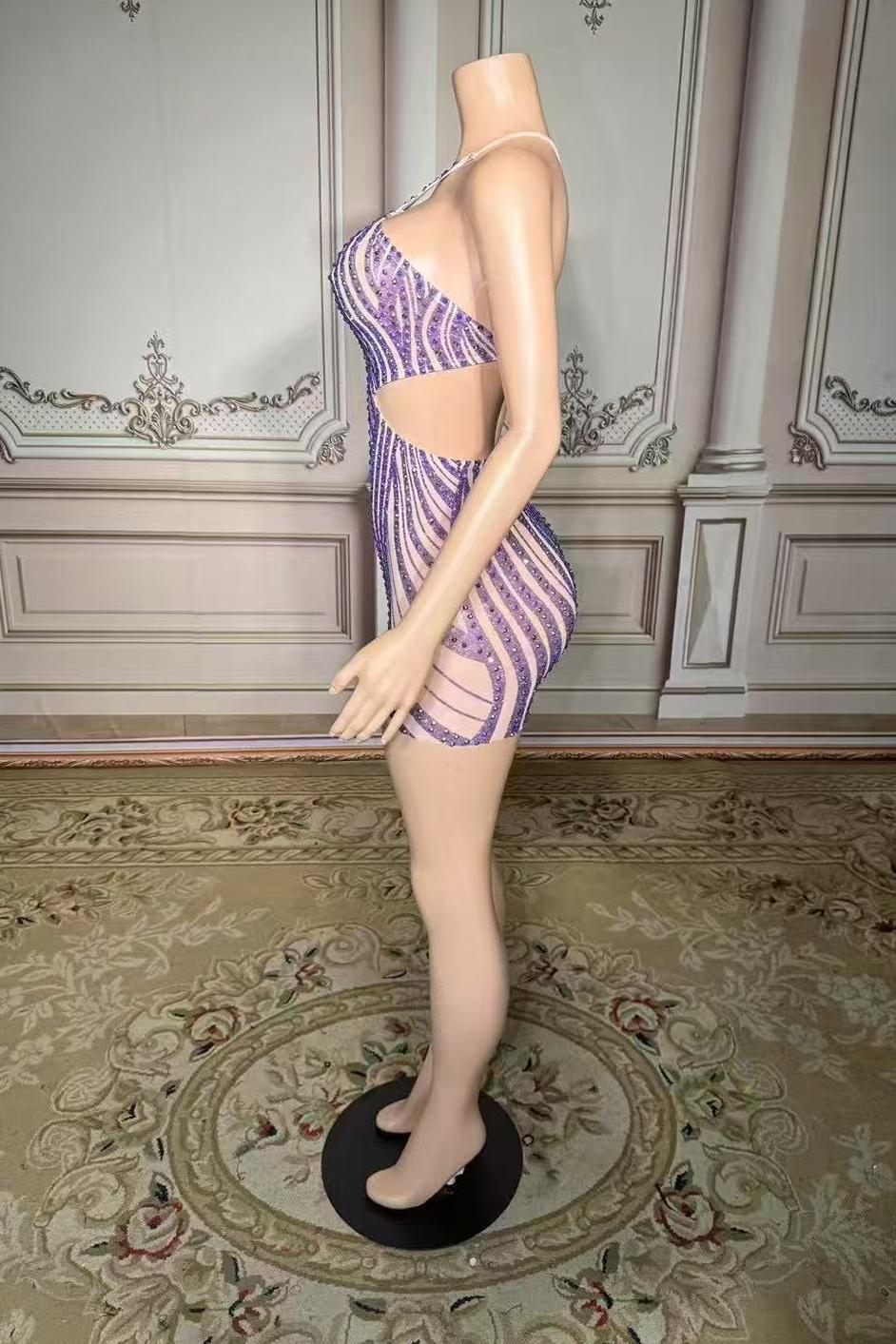 Mini One-Shoulder Purple Zipper Diamond Prom Dress -babyonlines 