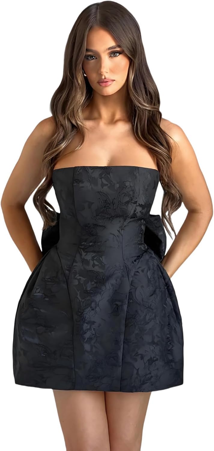 Modest Strapless Satin  A Line Short Homecoming Dress with Bow