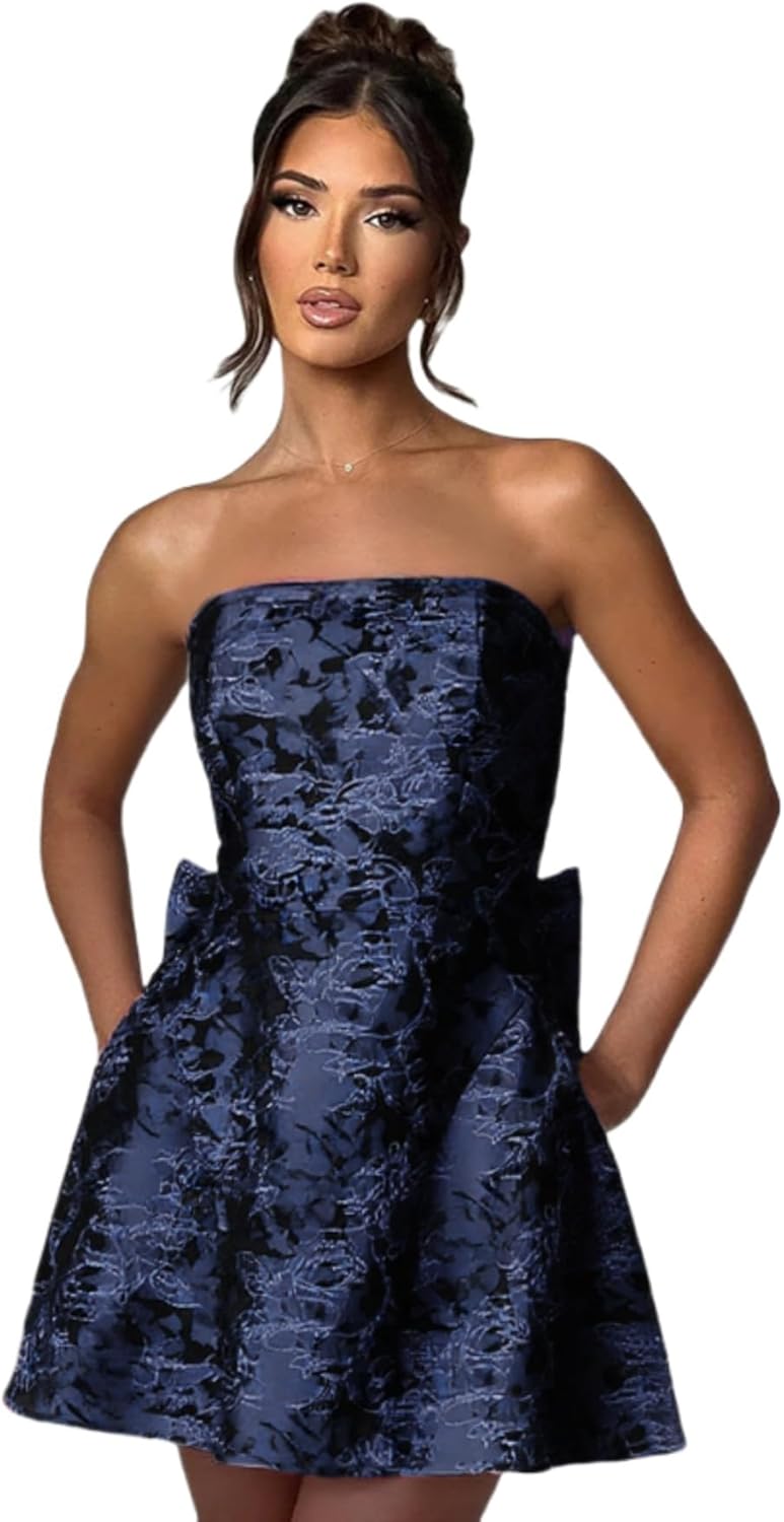 Modest Strapless Satin  A Line Short Homecoming Dress with Bow