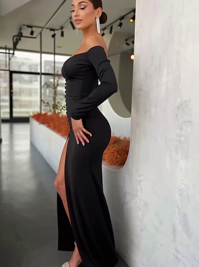 Off-The-Shoulder Sweetheart Mermaid Long Sleeves Evening Dress with Front Split