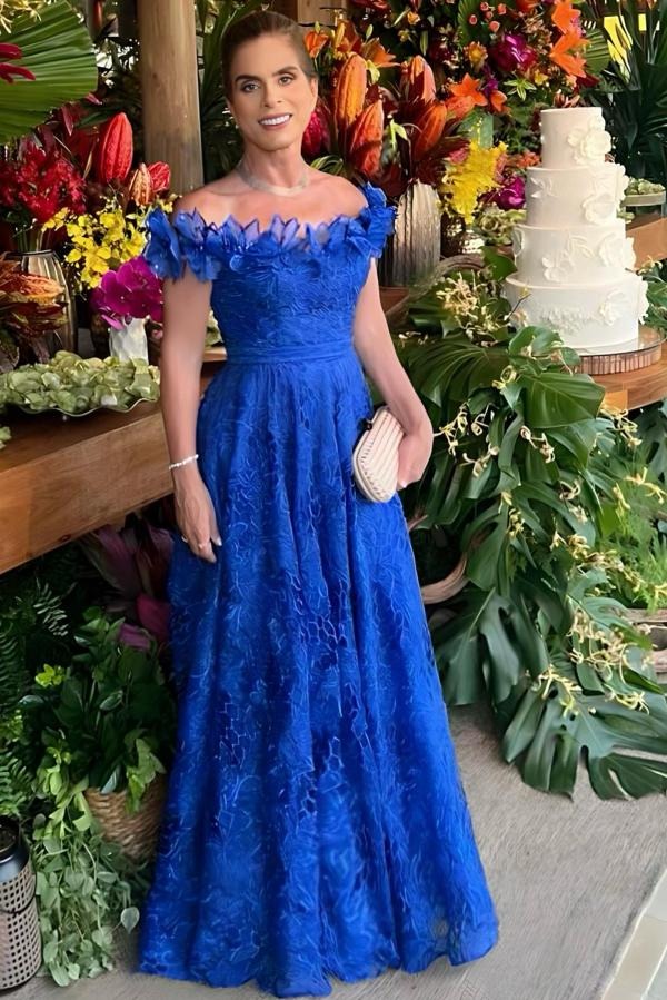 Off The Shoulder Blue Lace Long A-line Mother Of The Bride Dress Babyonlines 
