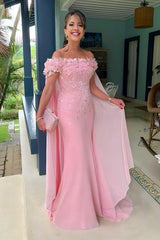 Off The Shoulder Chiffon Pink Mother Of The Bride Dress with Flowers Babyonlines 