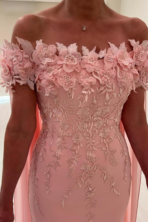 Off The Shoulder Chiffon Pink Mother Of The Bride Dress with Flowers Babyonlines 