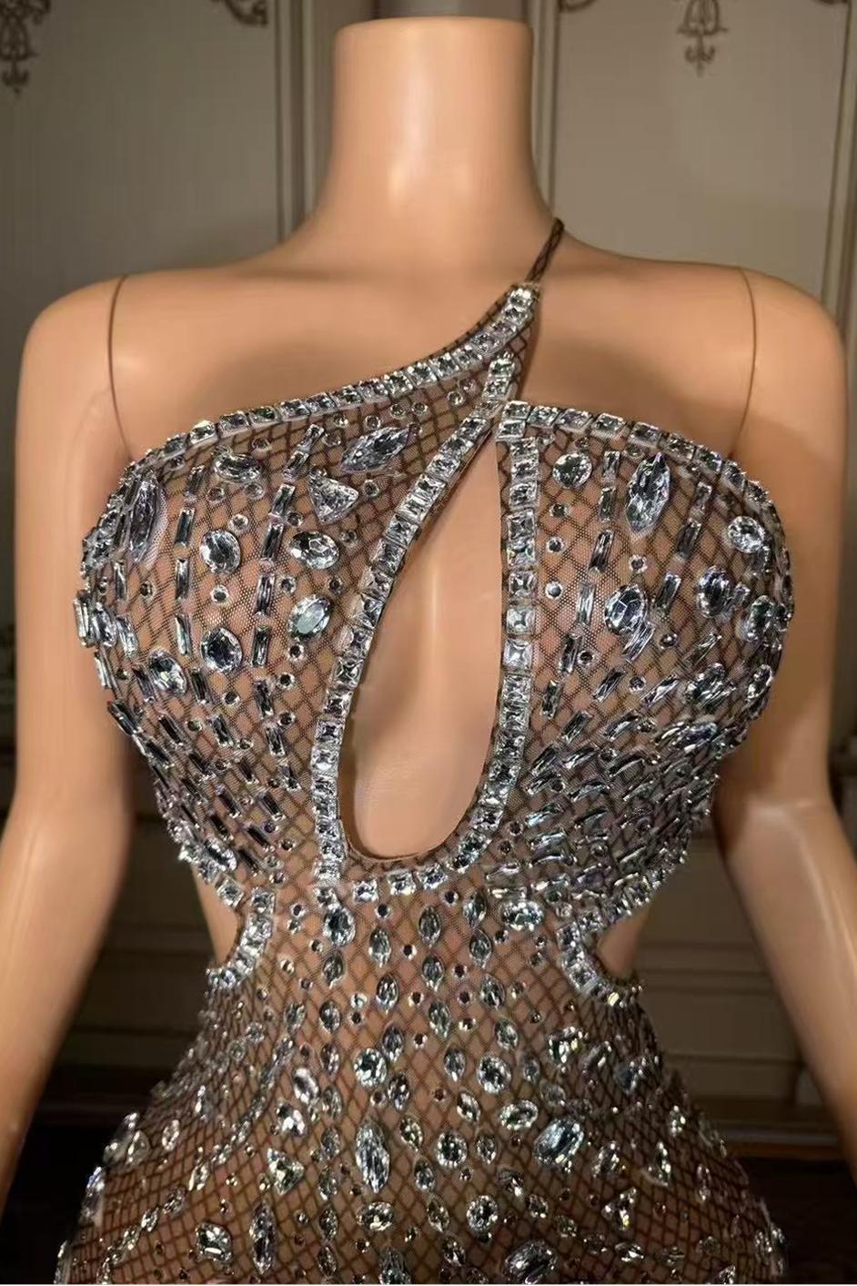 One-Shoulder Short Sleeveless Natural Diamonds Prom Dress-babyonlines