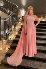 One Shoulder Watteau Train Pink Chiffon Mother Of The Bride Dress Babyonlines 