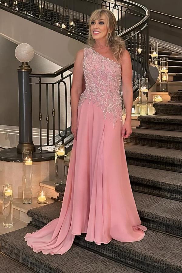 One Shoulder Watteau Train Pink Chiffon Mother Of The Bride Dress Babyonlines 