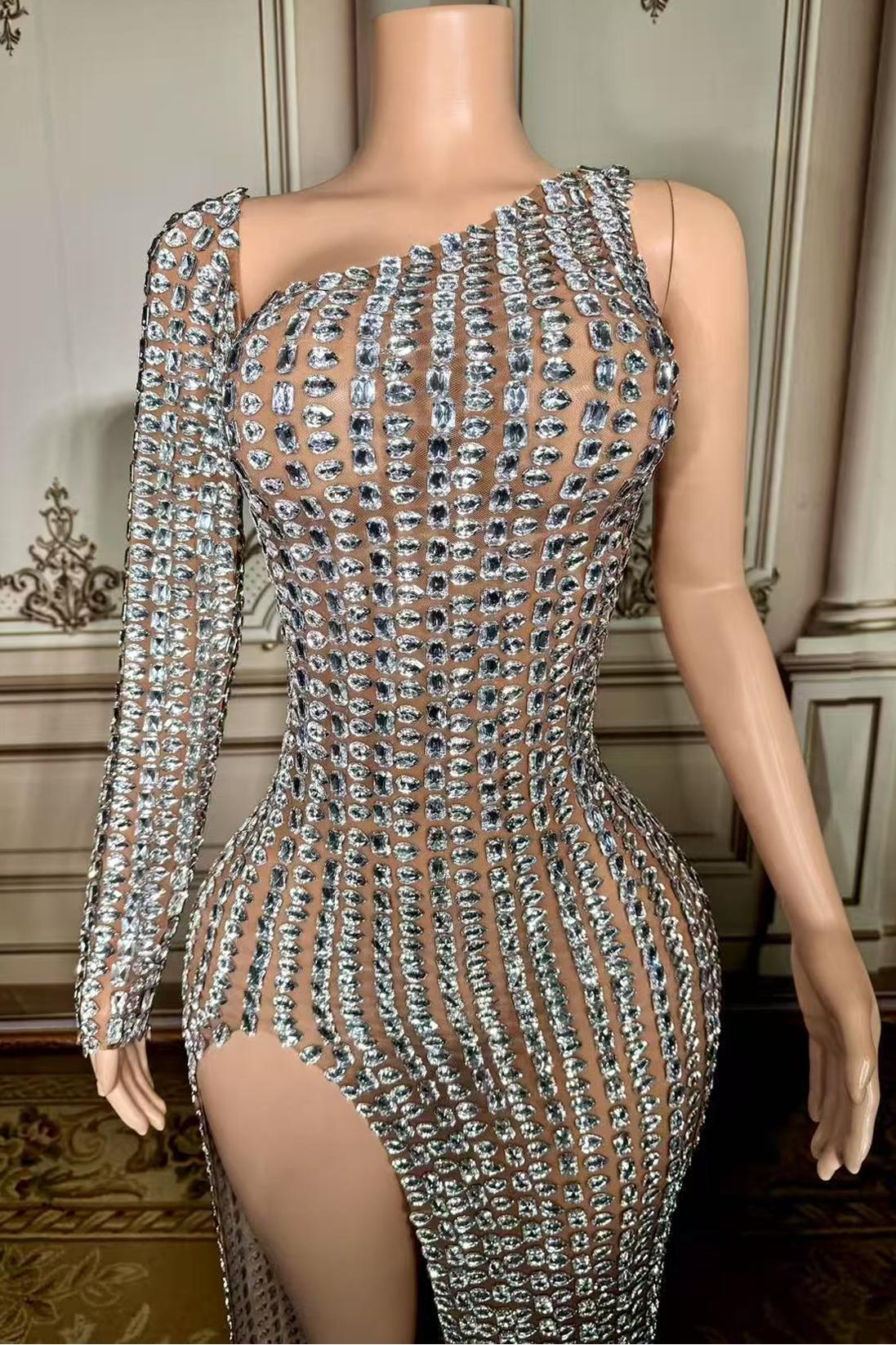 One Sleeve Slit Long Tulle Straight Prom Dress with Rhinestones -babyonlines 