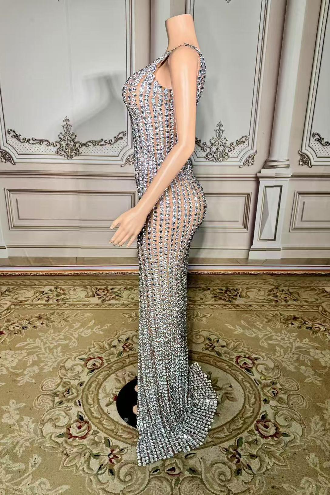 One Sleeve Slit Long Tulle Straight Prom Dress with Rhinestones -babyonlines 