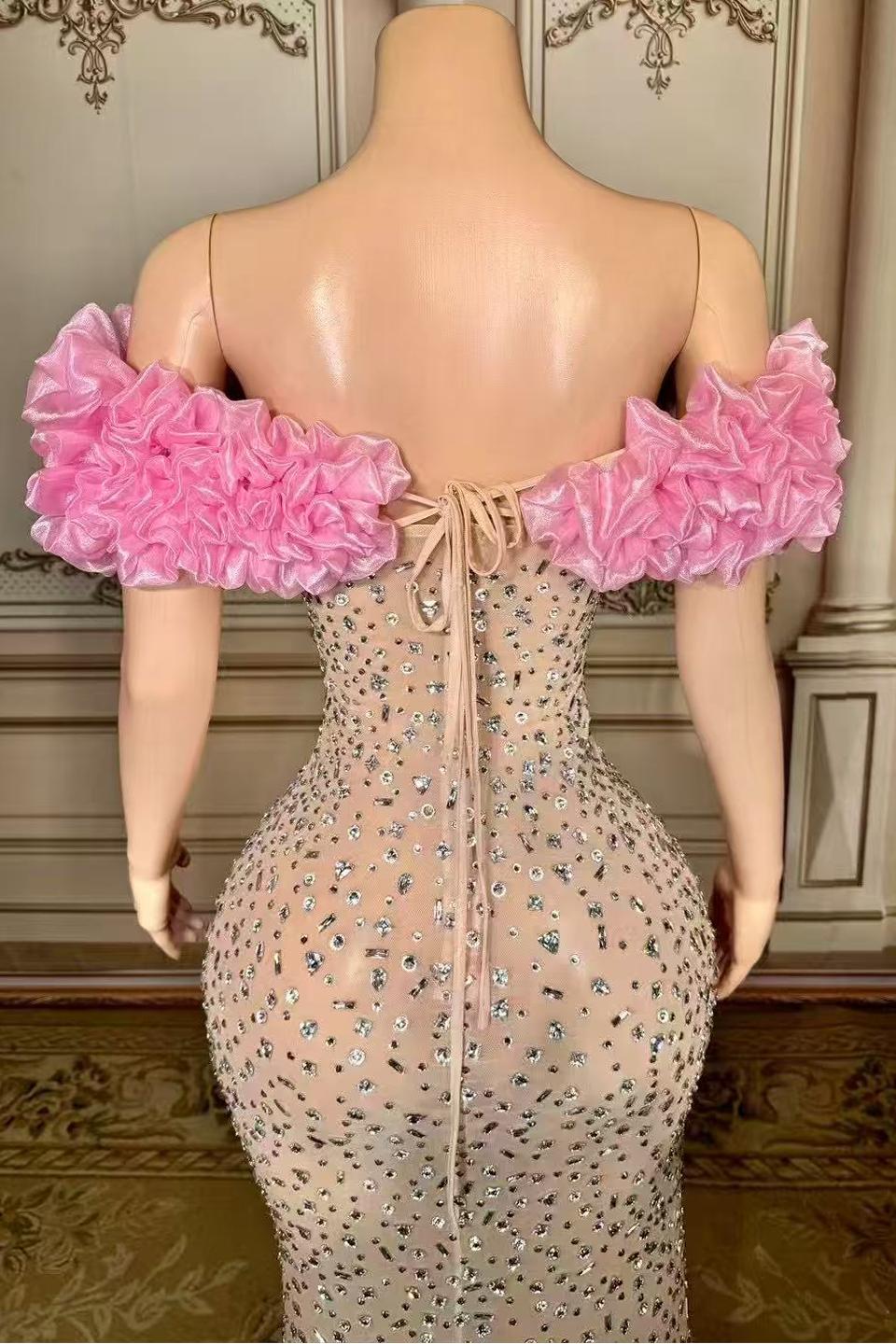 Pink Tulle Strapless Sleeveless Straight Rhinestones Long Prom Dress-babyonlines 