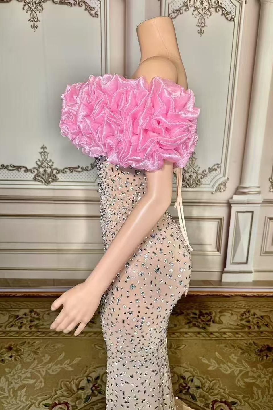 Pink Tulle Strapless Sleeveless Straight Rhinestones Long Prom Dress-babyonlines 