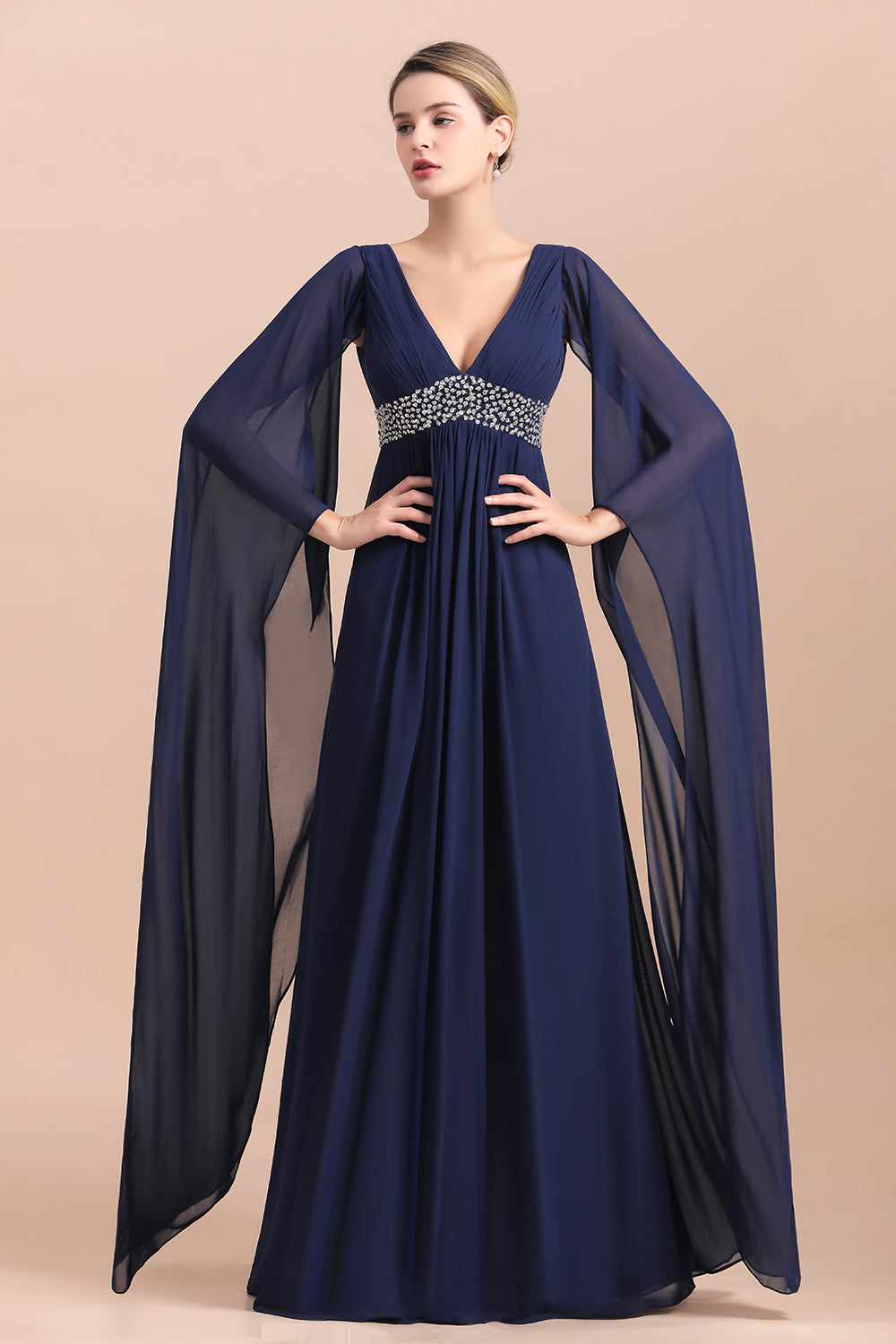Poet Dark Navy V Neck ChiffonA-line Mother Of The Bride Dresses Babyonlines 