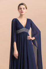 Poet Dark Navy V Neck ChiffonA-line Mother Of The Bride Dresses Babyonlines 