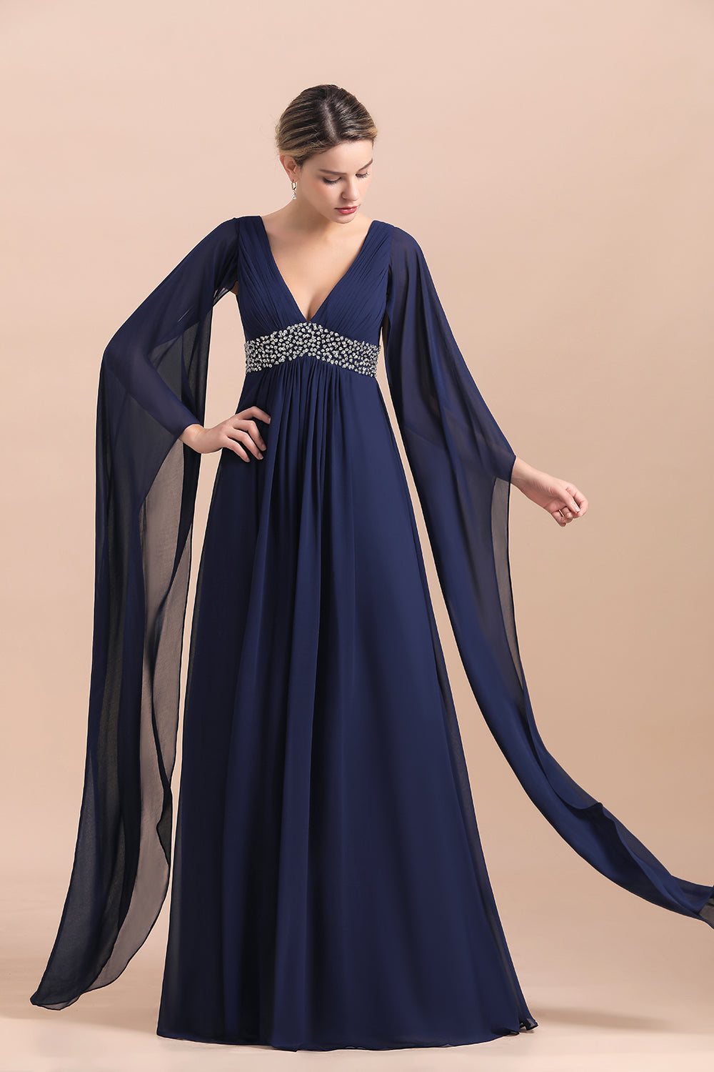 Poet Dark Navy V Neck ChiffonA-line Mother Of The Bride Dresses Babyonlines 