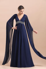Poet Dark Navy V Neck ChiffonA-line Mother Of The Bride Dresses Babyonlines 