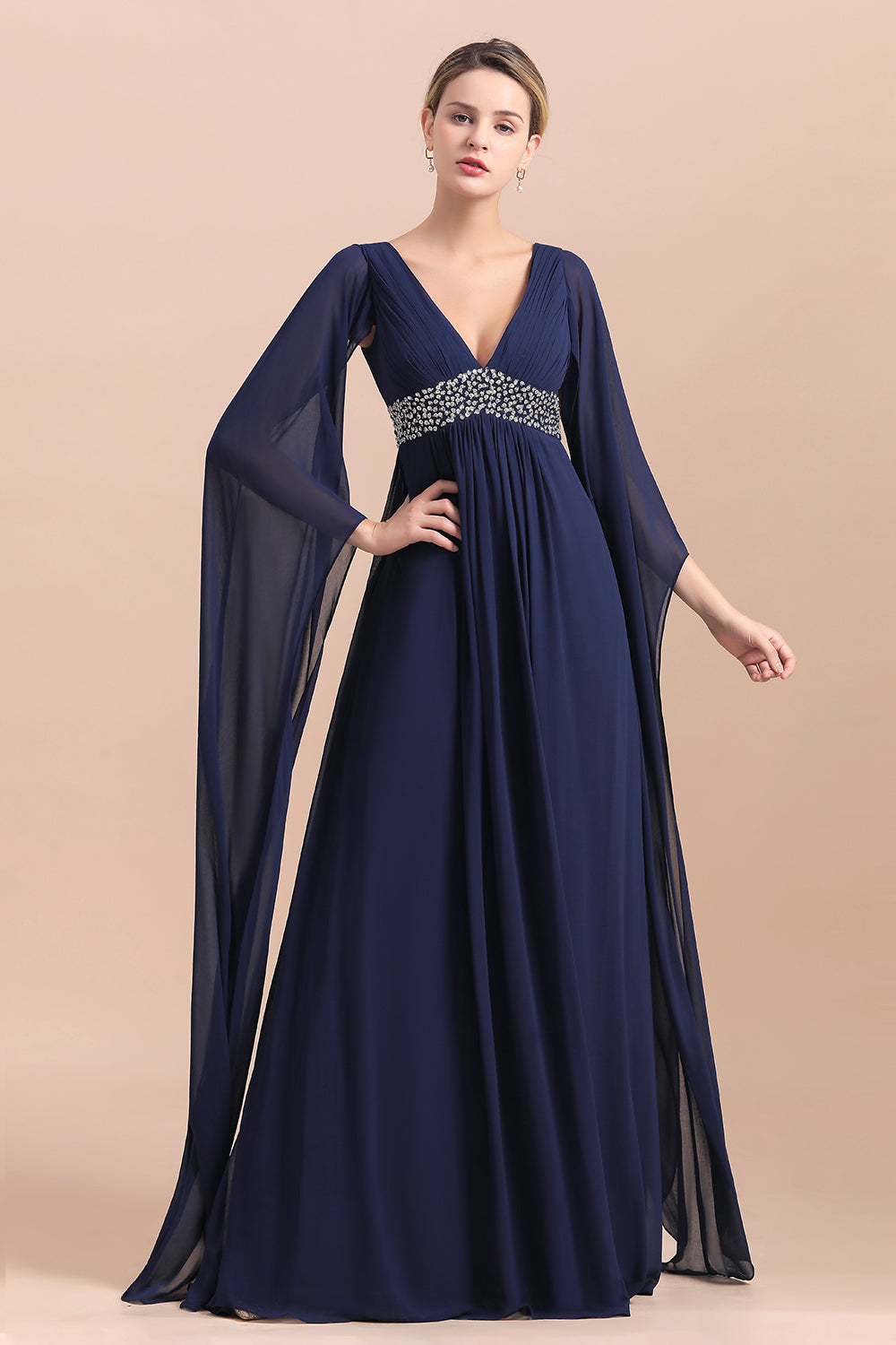 Poet Dark Navy V Neck ChiffonA-line Mother Of The Bride Dresses Babyonlines 