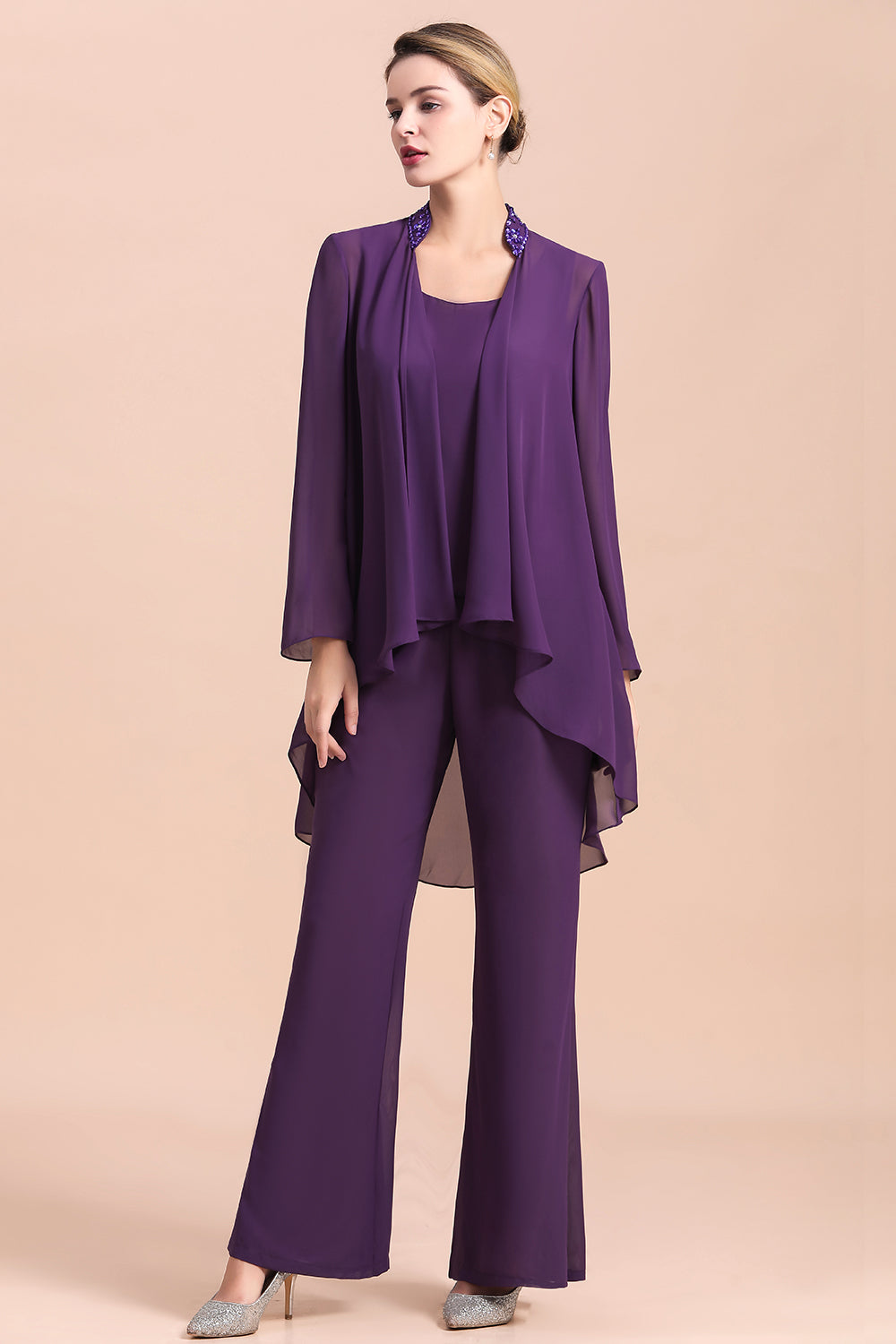 Purple Chiffon Mother Of The Bride Jumpsuit with Jacket Babyonlines 
