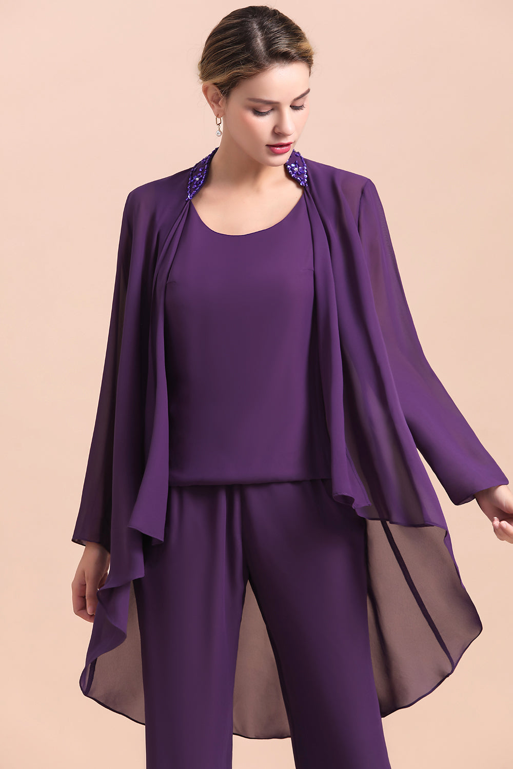 Purple Chiffon Mother Of The Bride Jumpsuit with Jacket Babyonlines 
