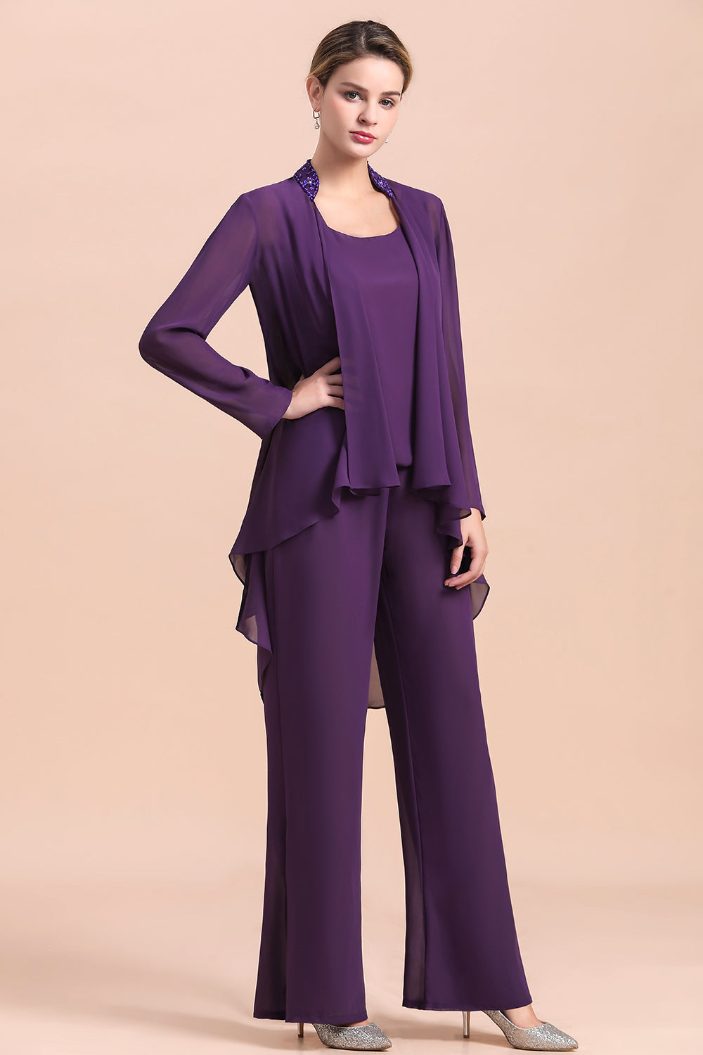 Purple Chiffon Mother Of The Bride Jumpsuit with Jacket Babyonlines 