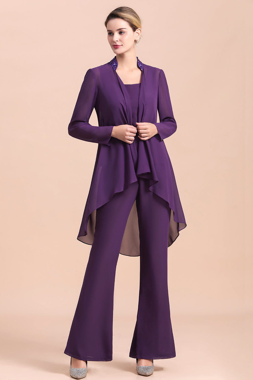 Purple Chiffon Mother Of The Bride Jumpsuit with Jacket Babyonlines 