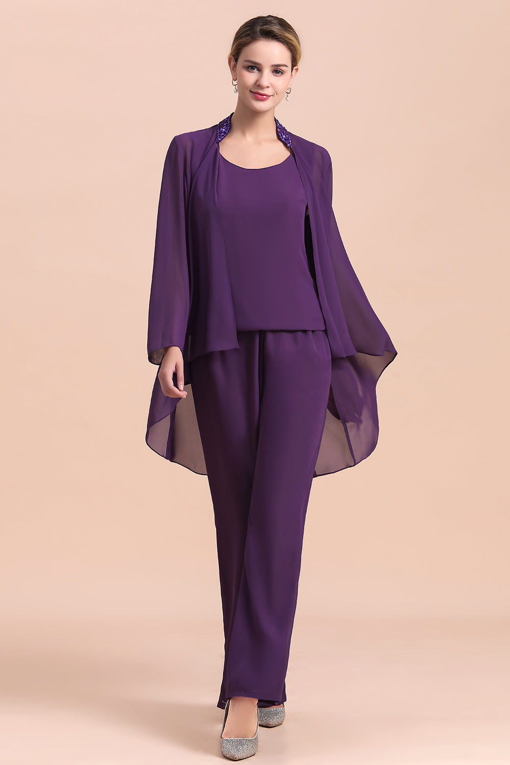 Purple Chiffon Mother Of The Bride Jumpsuit with Jacket Babyonlines 