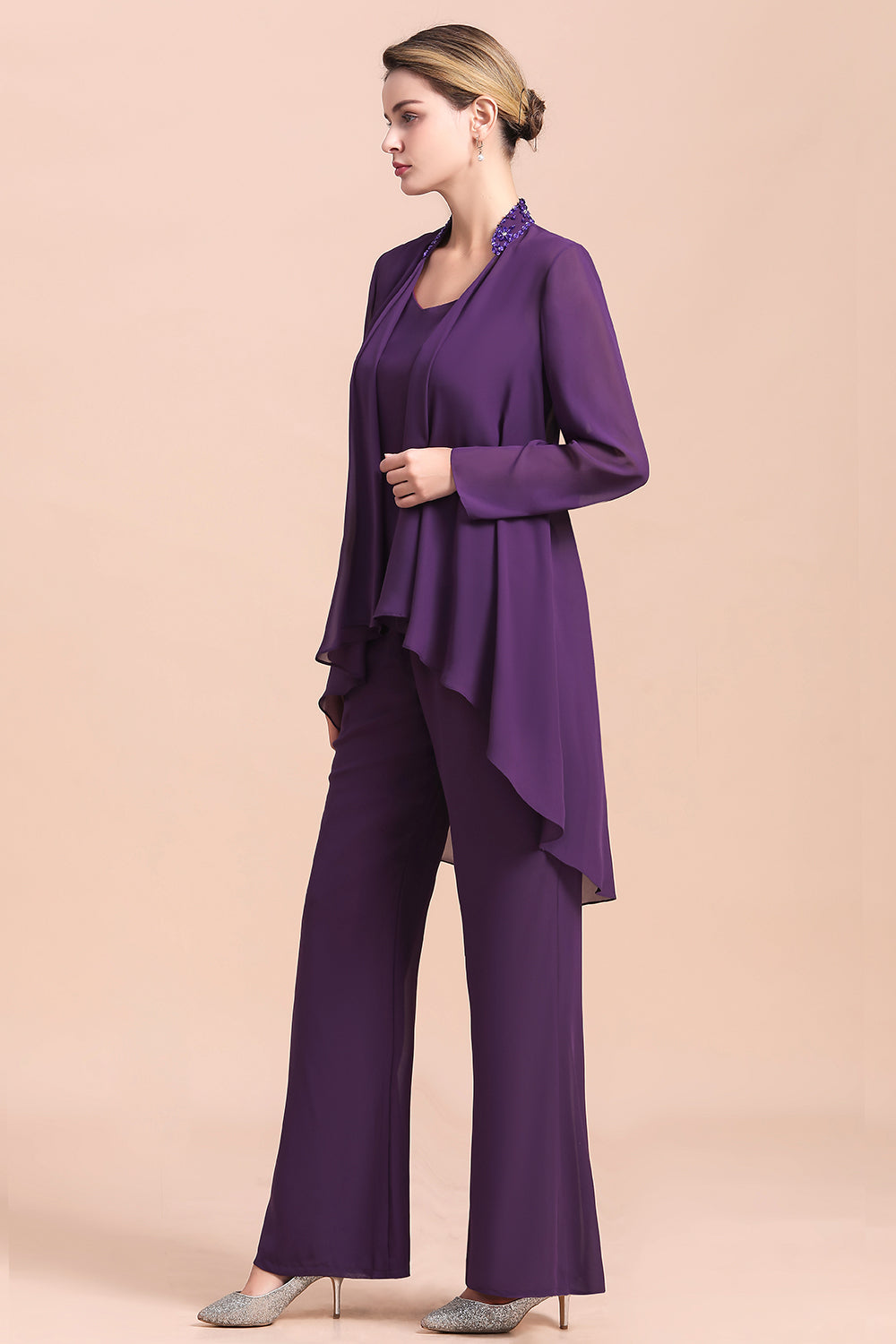 Purple Chiffon Mother Of The Bride Jumpsuit with Jacket Babyonlines 