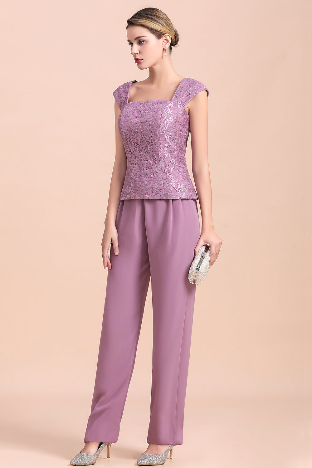 Purple Square Neck Mother Of The Bride Jumpsuit with Jacket Babyonlines 