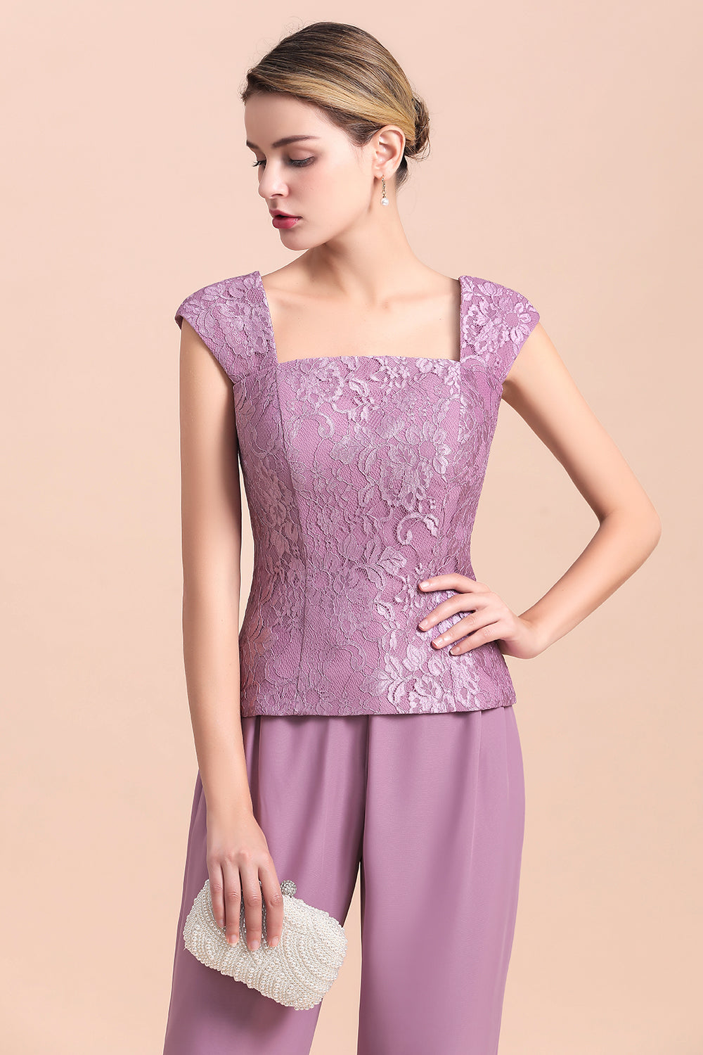 Purple Square Neck Mother Of The Bride Jumpsuit with Jacket Babyonlines 