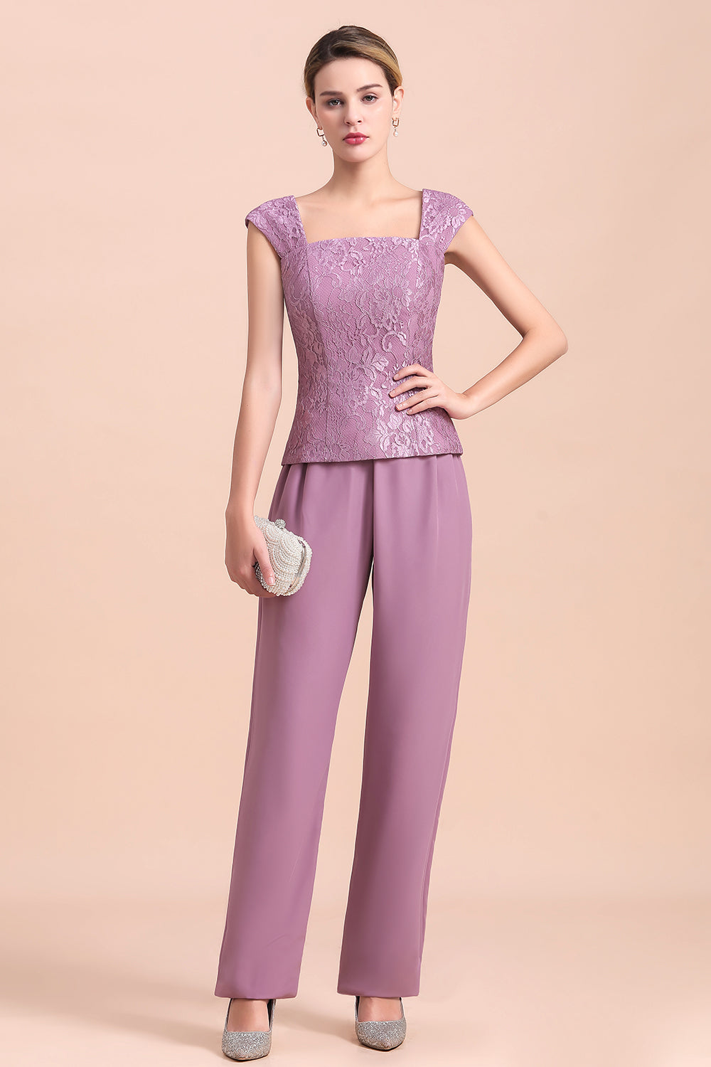 Purple Square Neck Mother Of The Bride Jumpsuit with Jacket Babyonlines 