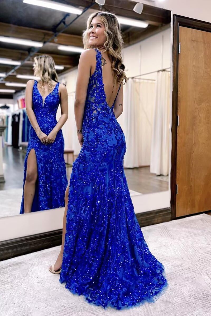V-neck Backless Sequin Mermaid Long Prom Dress with Slit
