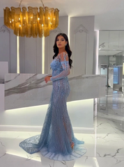 Sexy One Sleeve Baby Blue Strapless Beaded Mermaid Prom Dress