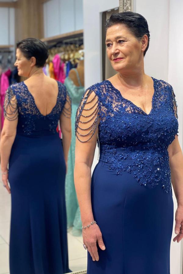 Short Sleeve Dark Blue V-neck Lace Chiffon Mother Of The Bride Dress Babyonlines 