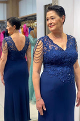 Short Sleeve Dark Blue V-neck Lace Chiffon Mother Of The Bride Dress Babyonlines 
