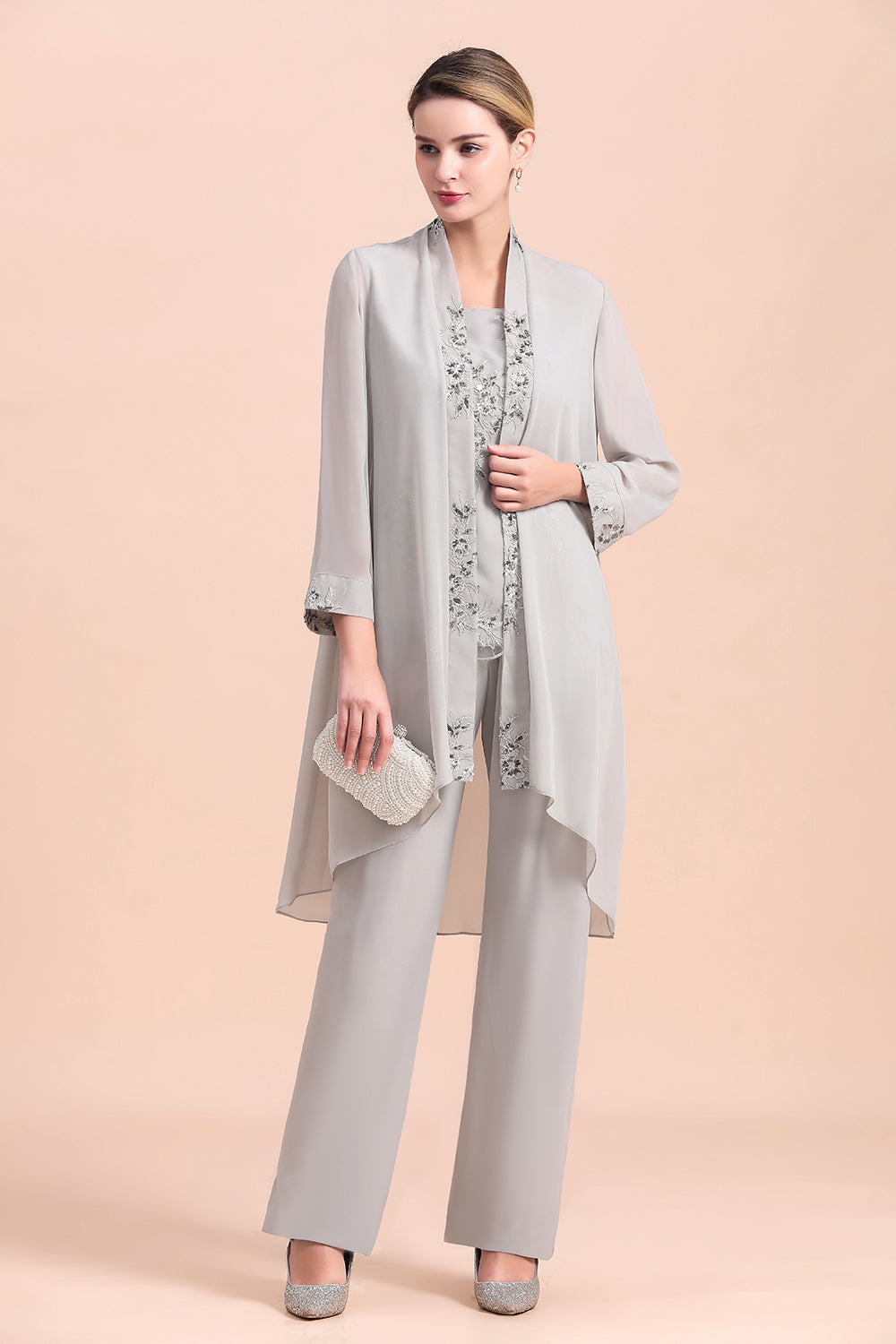 Silver Chiffon Sequins Mother Of The Bride Jumpsuit with Jacket Babyonlines 