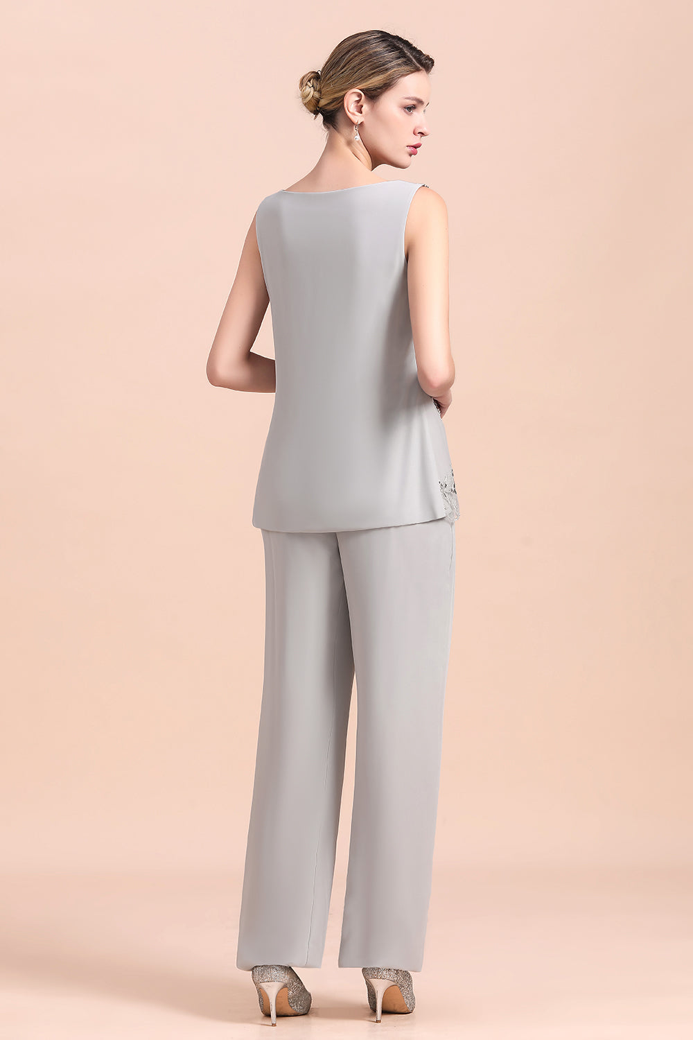 Silver Chiffon Sequins Mother Of The Bride Jumpsuit with Jacket Babyonlines 