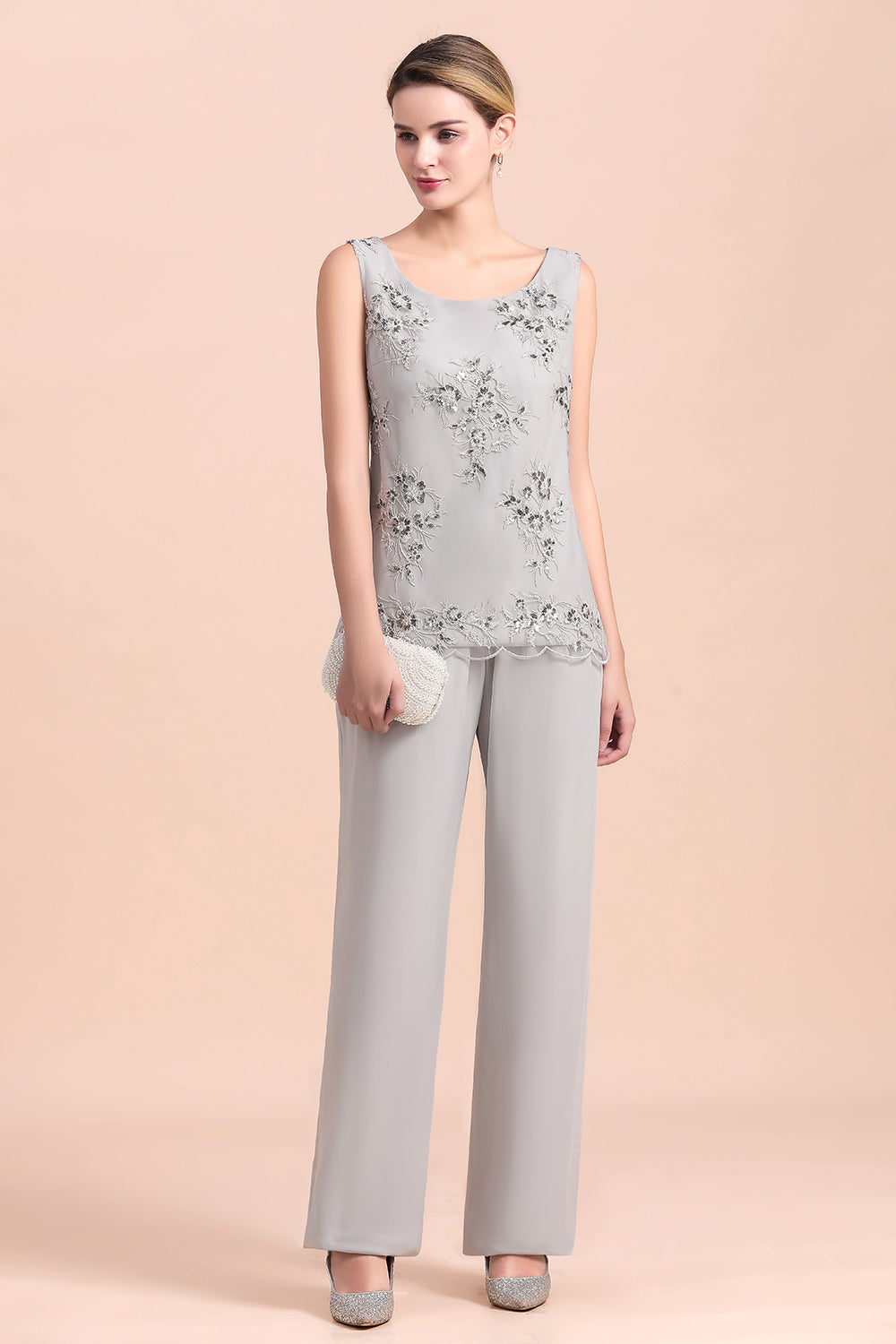 Silver Chiffon Sequins Mother Of The Bride Jumpsuit with Jacket Babyonlines 