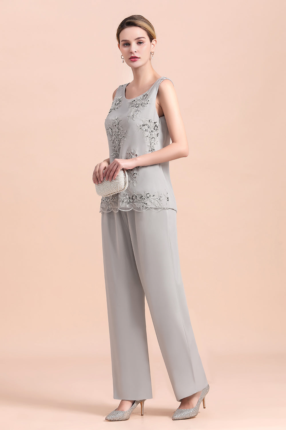 Silver Chiffon Sequins Mother Of The Bride Jumpsuit with Jacket Babyonlines 
