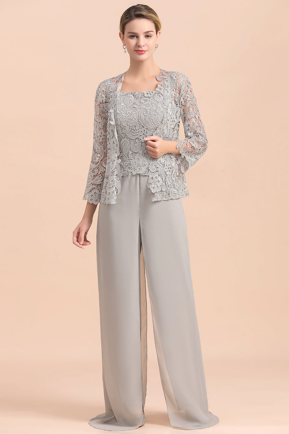Silver Lace Chiffon Mother Of The Bride Jumpsuit with jacket Babyonlines 