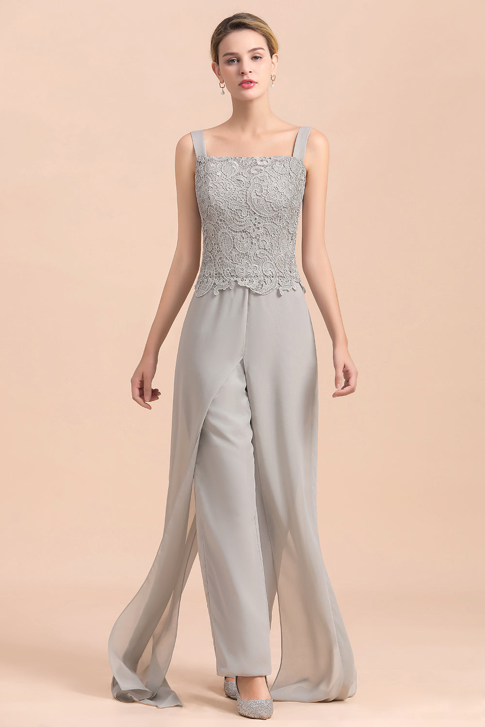 Silver Lace Chiffon Mother Of The Bride Jumpsuit with jacket Babyonlines 