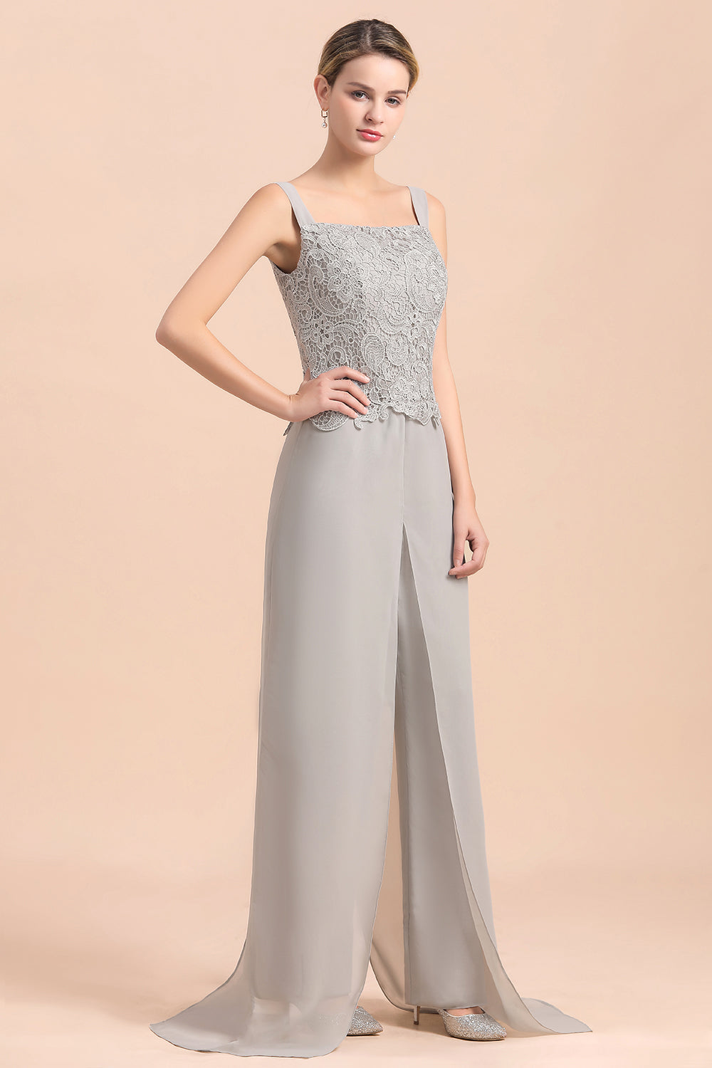 Silver Lace Chiffon Mother Of The Bride Jumpsuit with jacket Babyonlines 