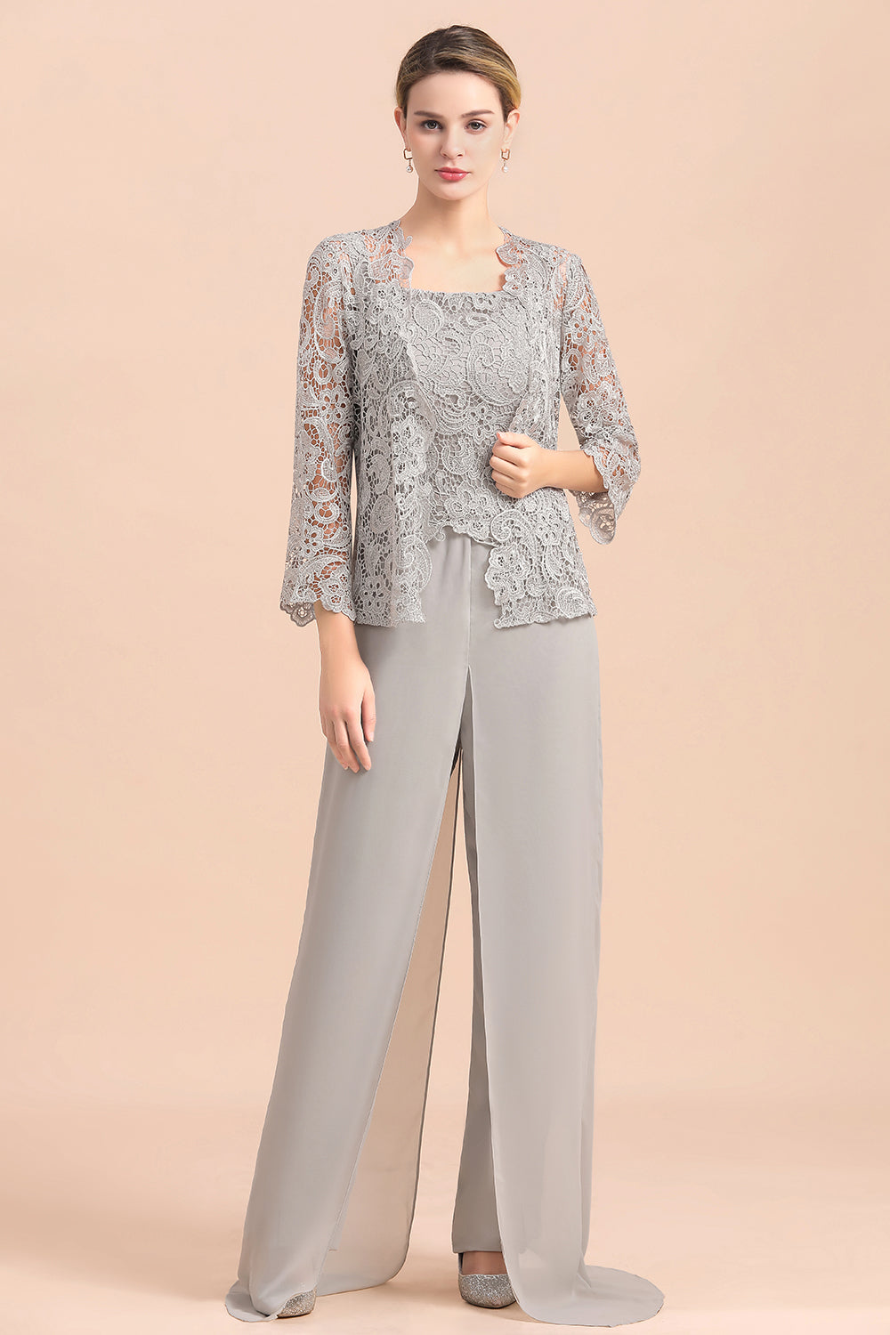 Silver Lace Chiffon Mother Of The Bride Jumpsuit with jacket Babyonlines 